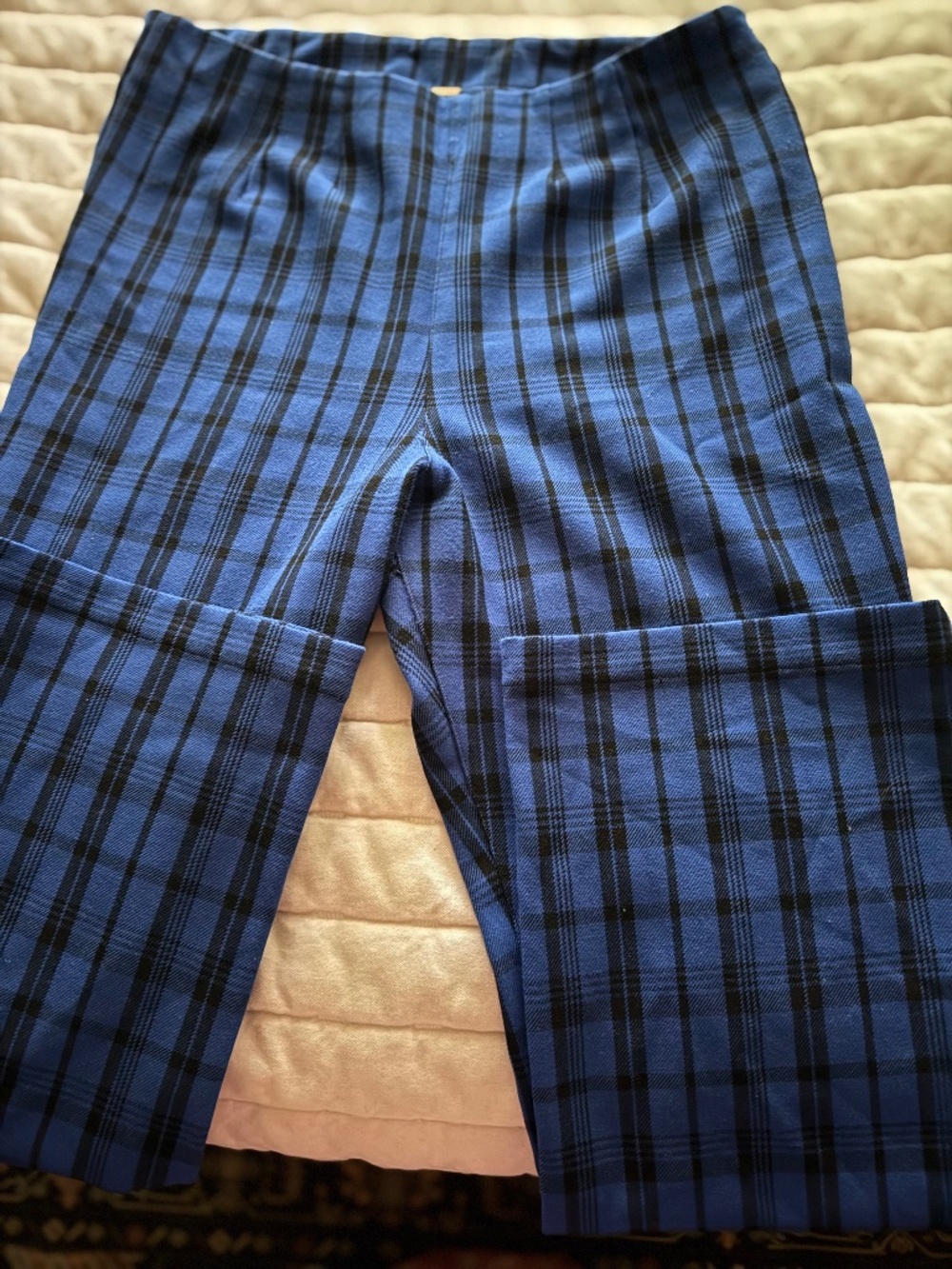 free people pants size 10 side zipper blue/black checks poly/viscose